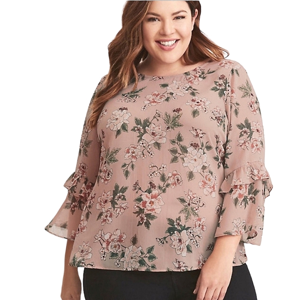 Torrid Mauve Pink Floral Chiffon Ruffle Balletcore Cottagecore Top Plus Sz 2 2X